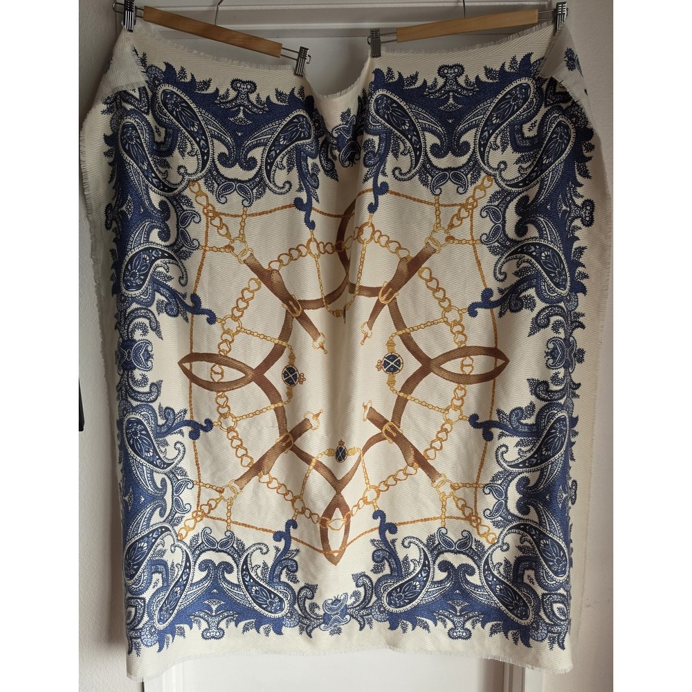 Chico's Scarf Blue White Brown Gold Classic Rectangle Wrap Shawl Stole